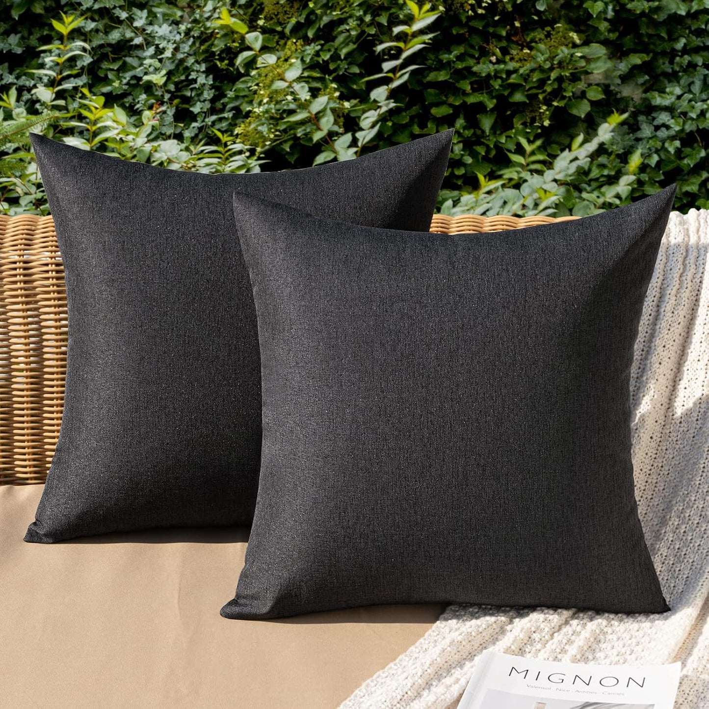 MIULEE Decorative Outdoor Throw Pillow Covers - Waterproof Faux Linen Cushion Cases | 22x22 Inch Black, Set of 2