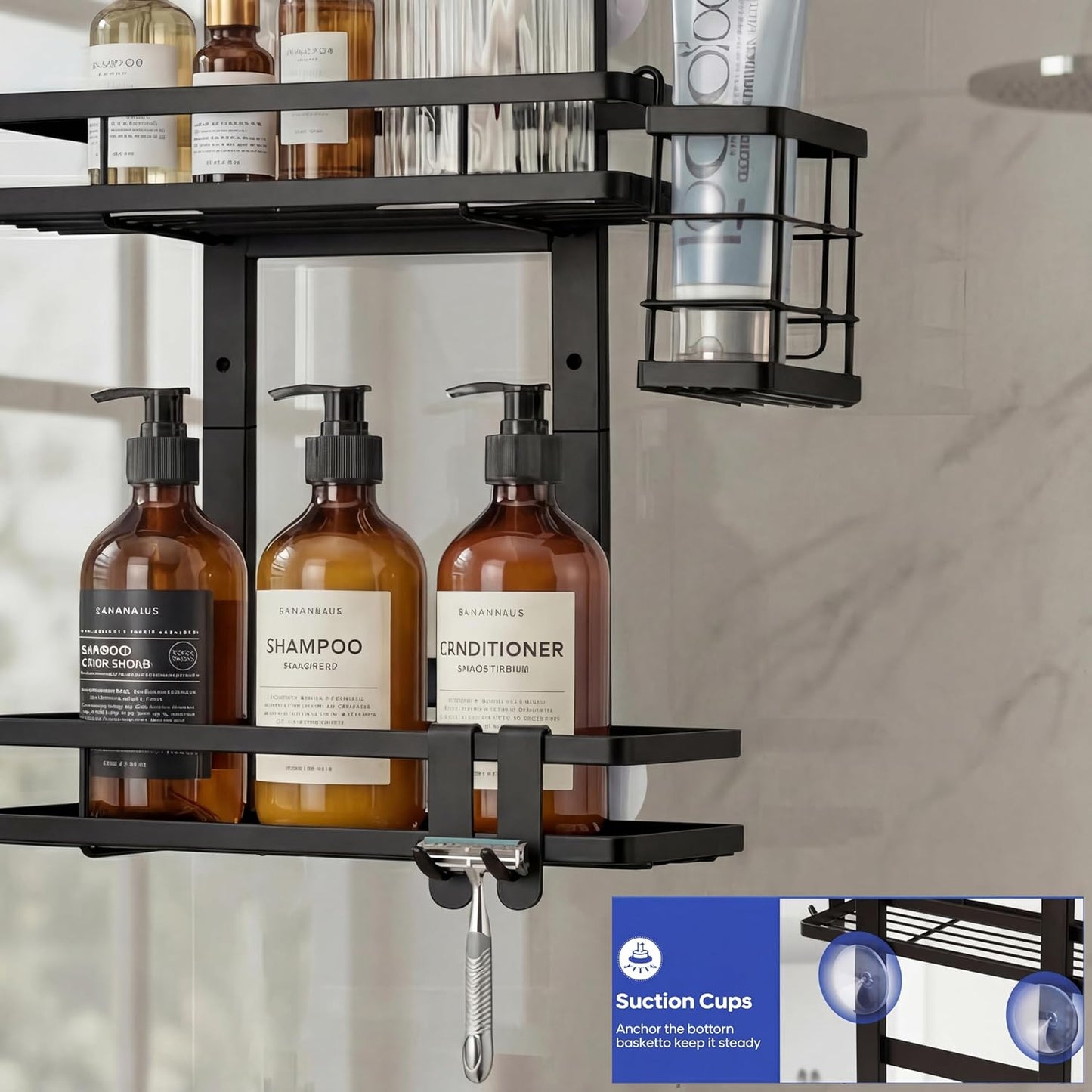 Skiennix Over The Door Shower Caddy - Rustproof 2-Tier Organizer with Waterproof Phone Pouch | Black