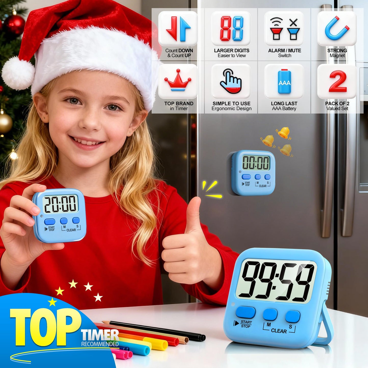 Antonki 2 Pack Digital Timer for Kids, Magnetic Countdown Kitchen Timers for Cooking, Egg, Classroom, Teacher, Exercise, Study, Oven - Battery Included