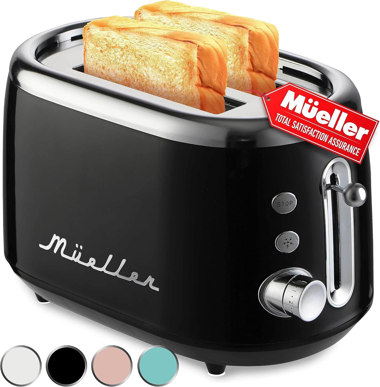 MUELLER HOME Retro 2-Slice Toaster - 7 Browning Levels, Stainless Steel, Black Finish