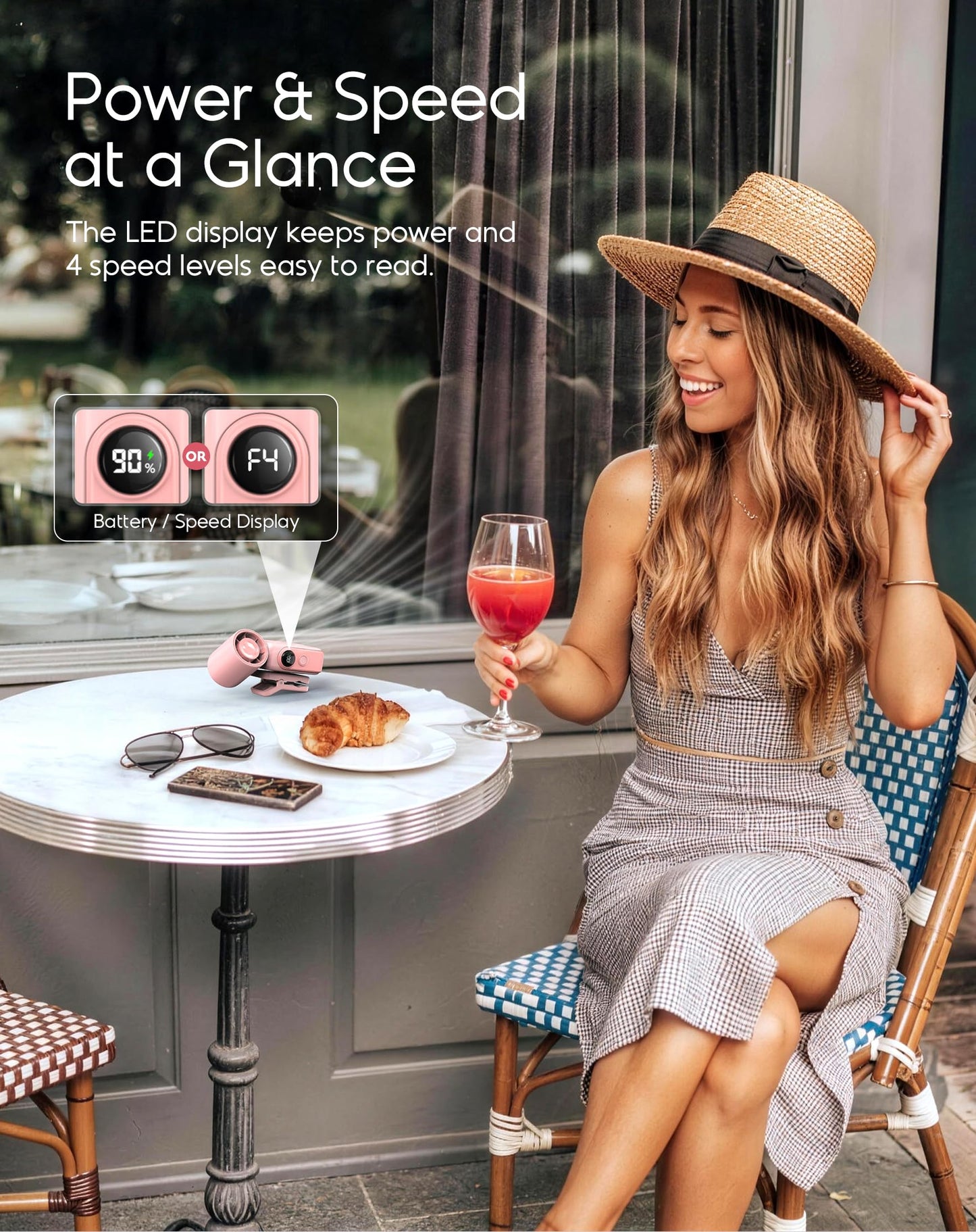 Portable Clip-On Mini Fan, Hands-Free, Turbo Personal Handheld Fans Rechargeable w/ 4 Wind & LED Display, Pocket Size Summer Cooling Essentials for Travel/Eye Lash/Beach/Concert, Gifts for Women(Pink)