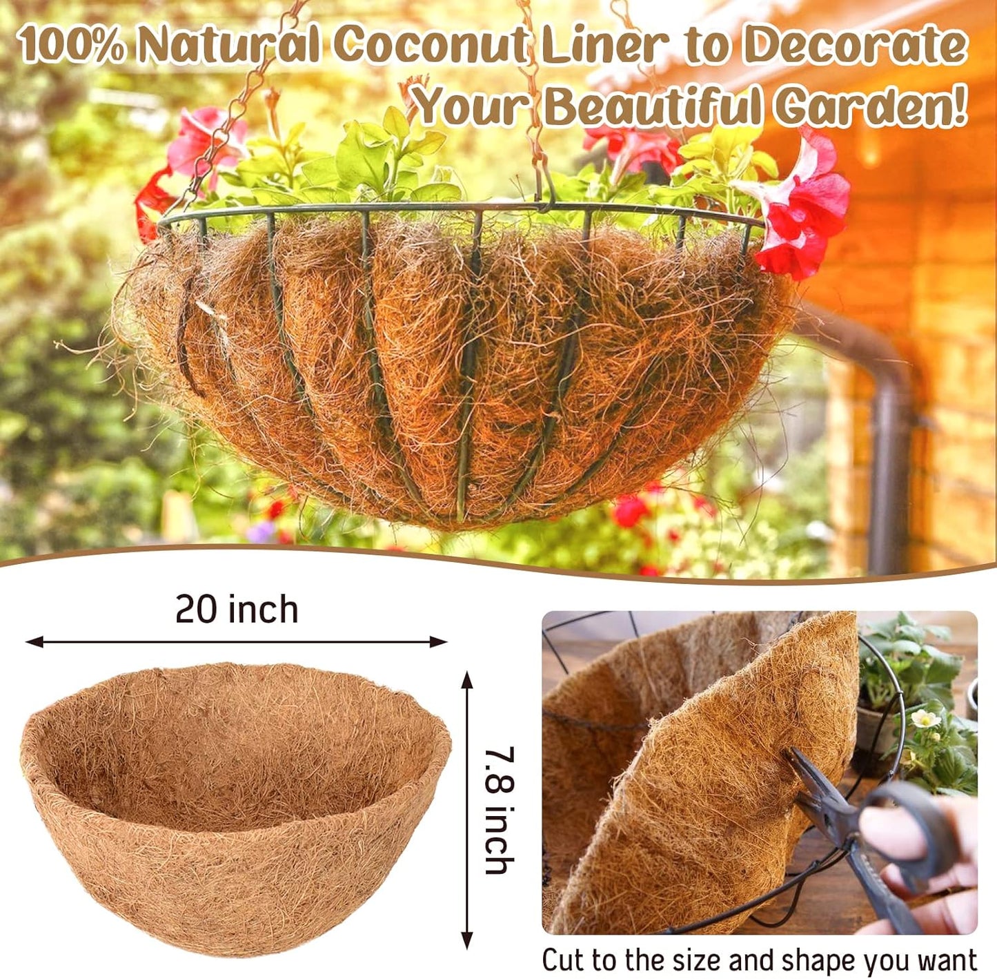 Legigo 20-Inch Hanging Basket Coco Liners - 100% Natural Round Coconut Fiber Replacement for Flowers & Vegetables