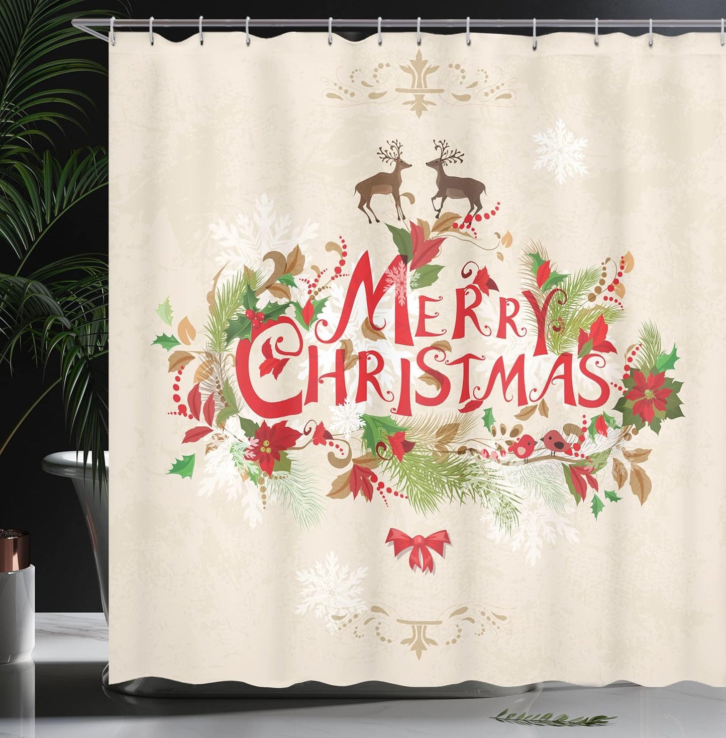 Christmas Shower Curtain - Merry Xmas Fir Tree & Poinsettia Decor, 69x70" Fabric