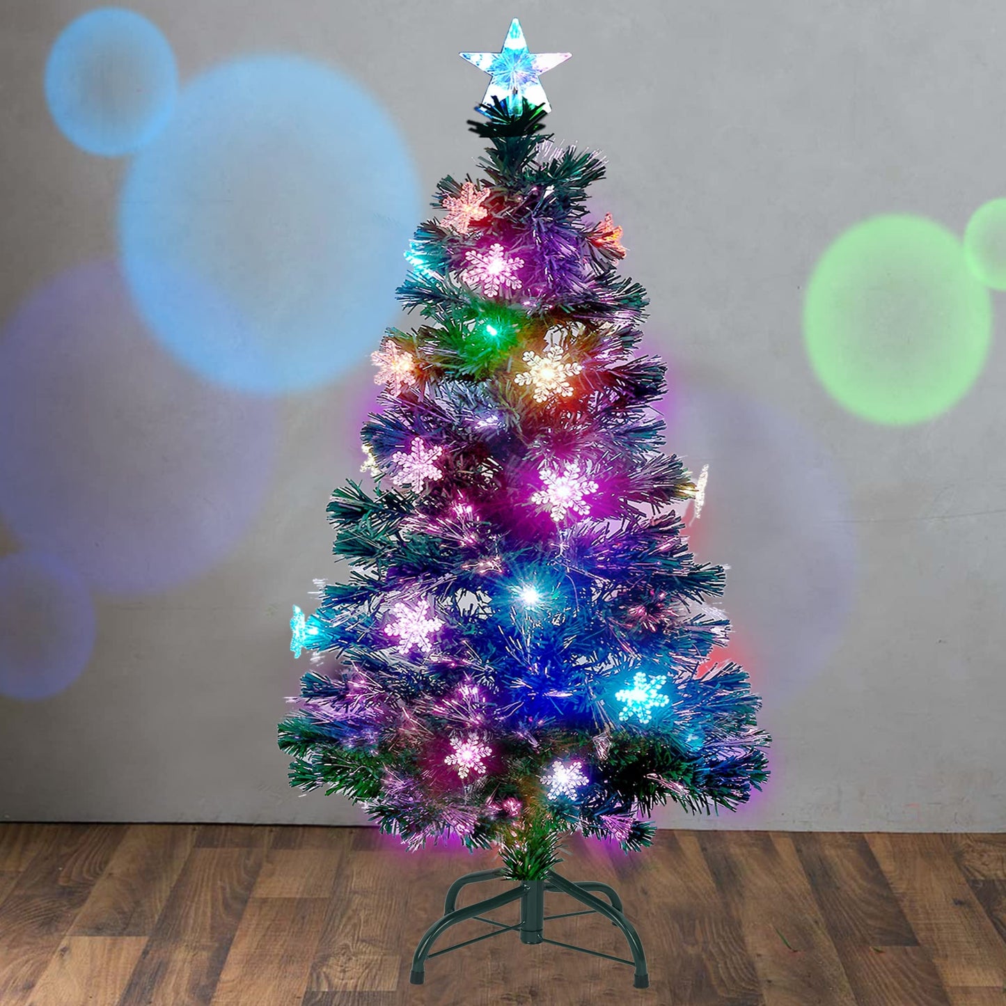 Juegoal 4 ft Pre-Lit Artificial Christmas Tree, Lighted Optical Fiber Xmas Trees with RGB Color Changing LED Lights, Snowflakes & Top Star, Festive Party Holiday Fake Multicolored Tree with Metal Legs