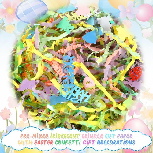 Jansun Easter Grass Crinkle Cut Paper, 115g/4oz Easter Iridescent Shred Paper Filler with Easter Confetti for Easter Gift Box Grass Basket Filler Gift Wrapping Easter Decorations