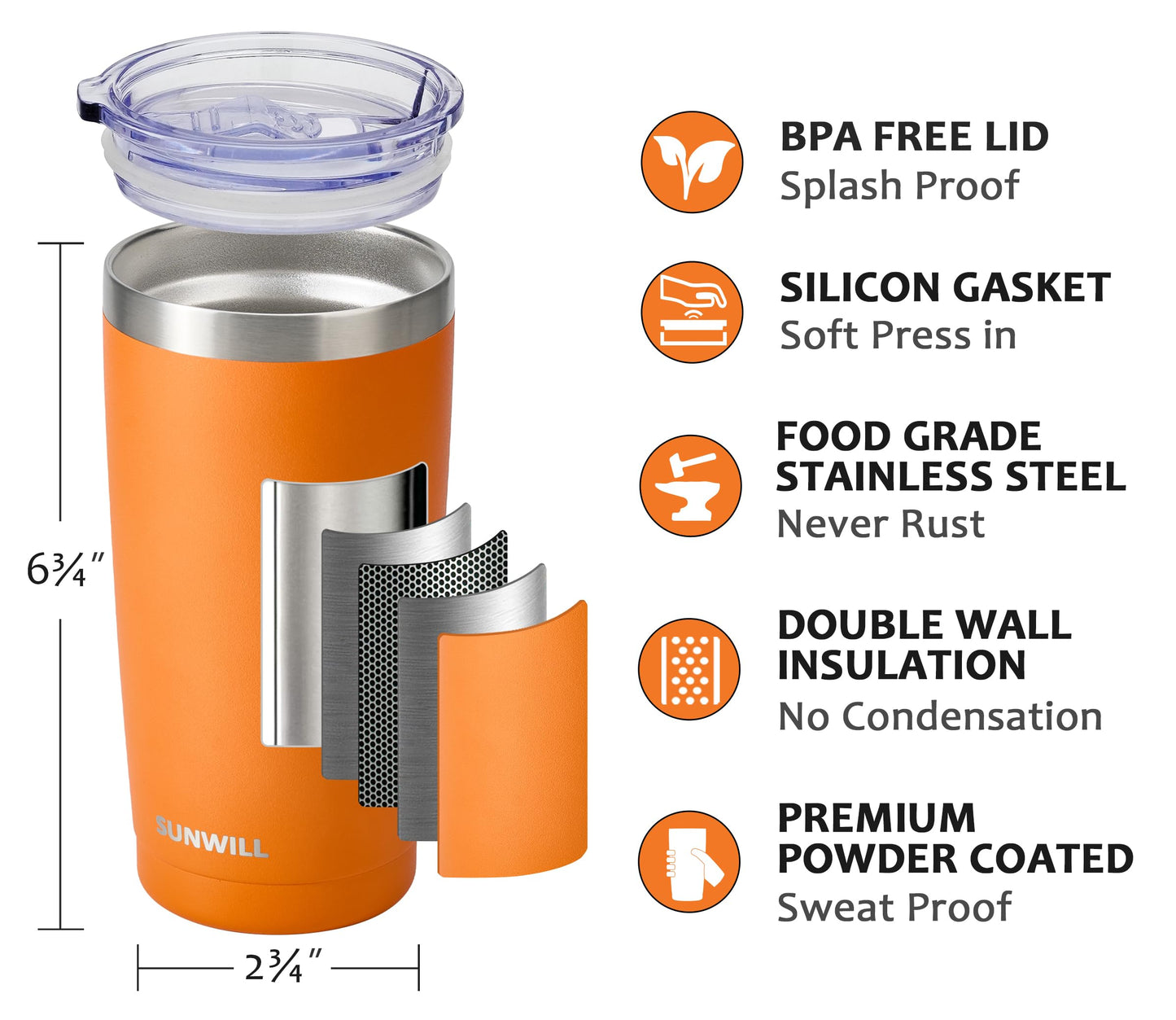 SUNWILL Travel Coffee Tumbler 20 oz, Insulated Mug with Lid, Stainless Steel Cup for Hot and Cold Drinks, Powder Coated Orange
