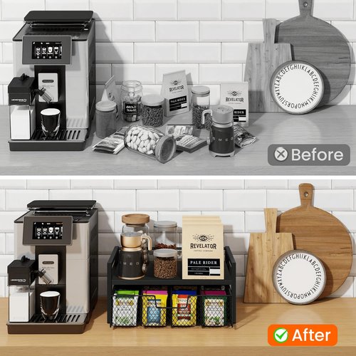 Homode Wood Tea Bag Organizer, Teabag Holder with Drawer, Tea Organizers and Storage Box, 8 Compartments Tea Caddy Station Chests Display Container for Counter Kitchen, Black