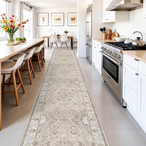 Hallway Washable Runner Rug - Vintage Soft Non-Slip Indoor Carpet | 3x16 Beige for Kitchen & Entryway