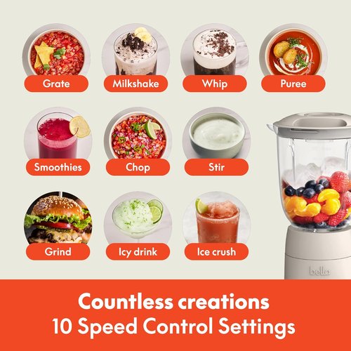 Bella 10-Speed Countertop Blender - Slim Flip & Store Design, 48oz Dishwasher Safe Pitcher, 450W