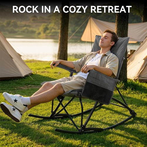 Huskfirm Oversized Rocking Camping Chair - Heavy Duty Folding Design | High Back, Padded Comfort, Supports 400 lbs, Grey