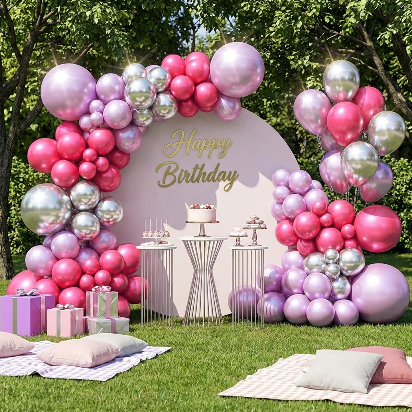 RUBFAC Metallic Pink Balloons 129pcs Different Sizes Pack of 18 12 10 5 Inch, Latex Chrome Metal Pink Balloon Garland Arch Kit for Wedding Princess Birthday Party Baby Shower Engagement Bachelorette