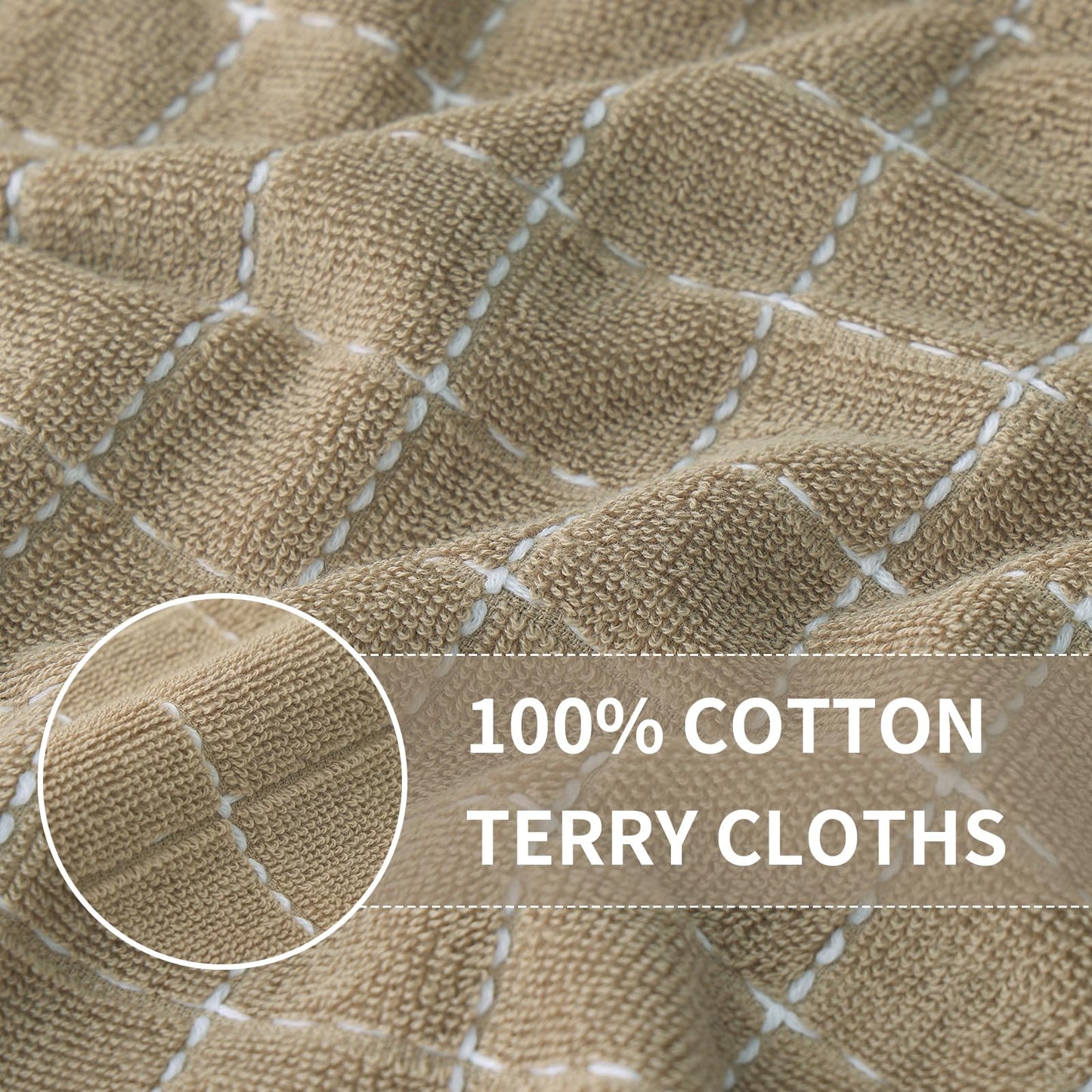 Homaxy 100% Cotton Terry Kitchen Towels(Tan, 13 x 28 inches), Checkered Designed, Soft and Super Absorbent Dish Towels, 4 Pack
