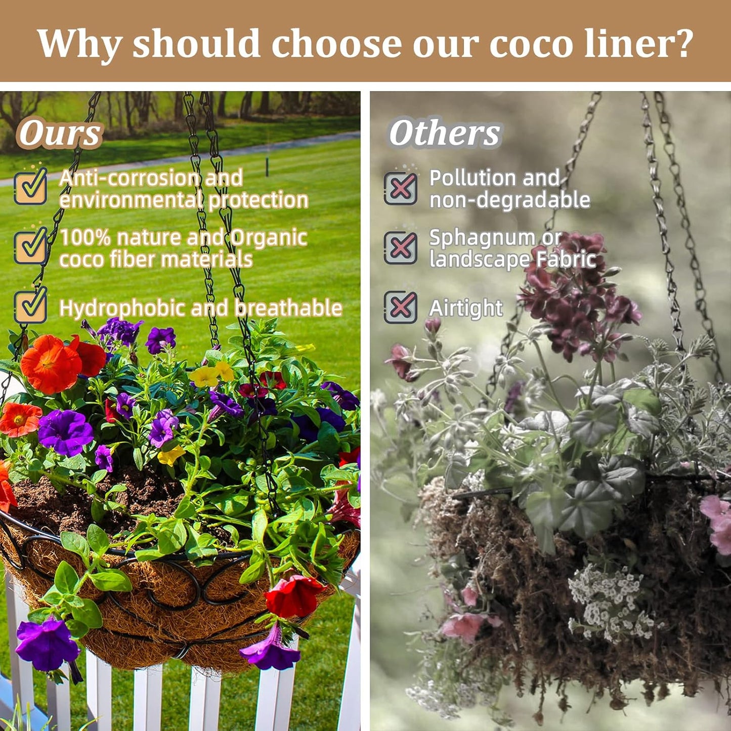 Legigo 16-Inch Coco Fiber Hanging Basket Liners - 4 Pack of 100% Natural Round Planter Inserts