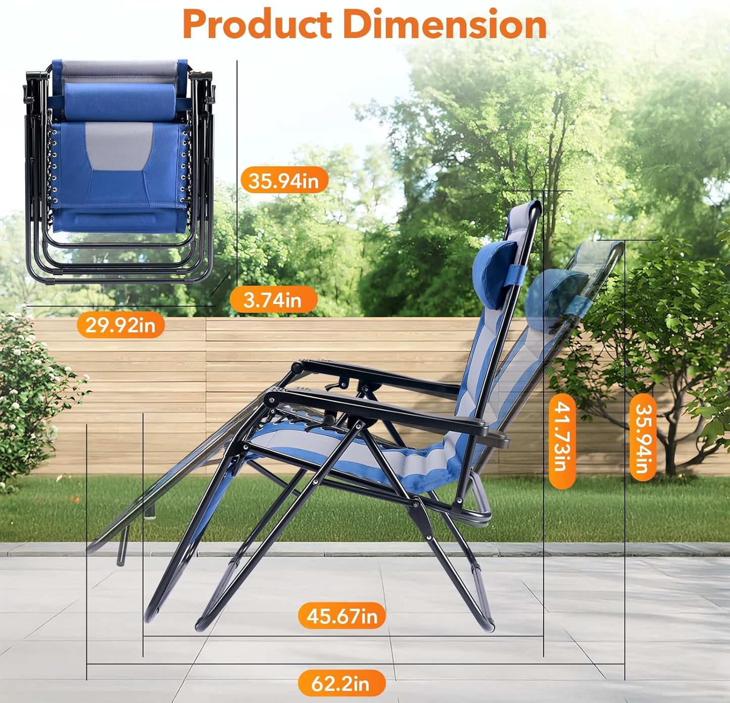 Sweetcrispy Zero Gravity Chairs - Oversized Foldable Patio Recliners with Adjustable Pillow & Cup Holder - Supports 400 lbs (Blue-Gray)