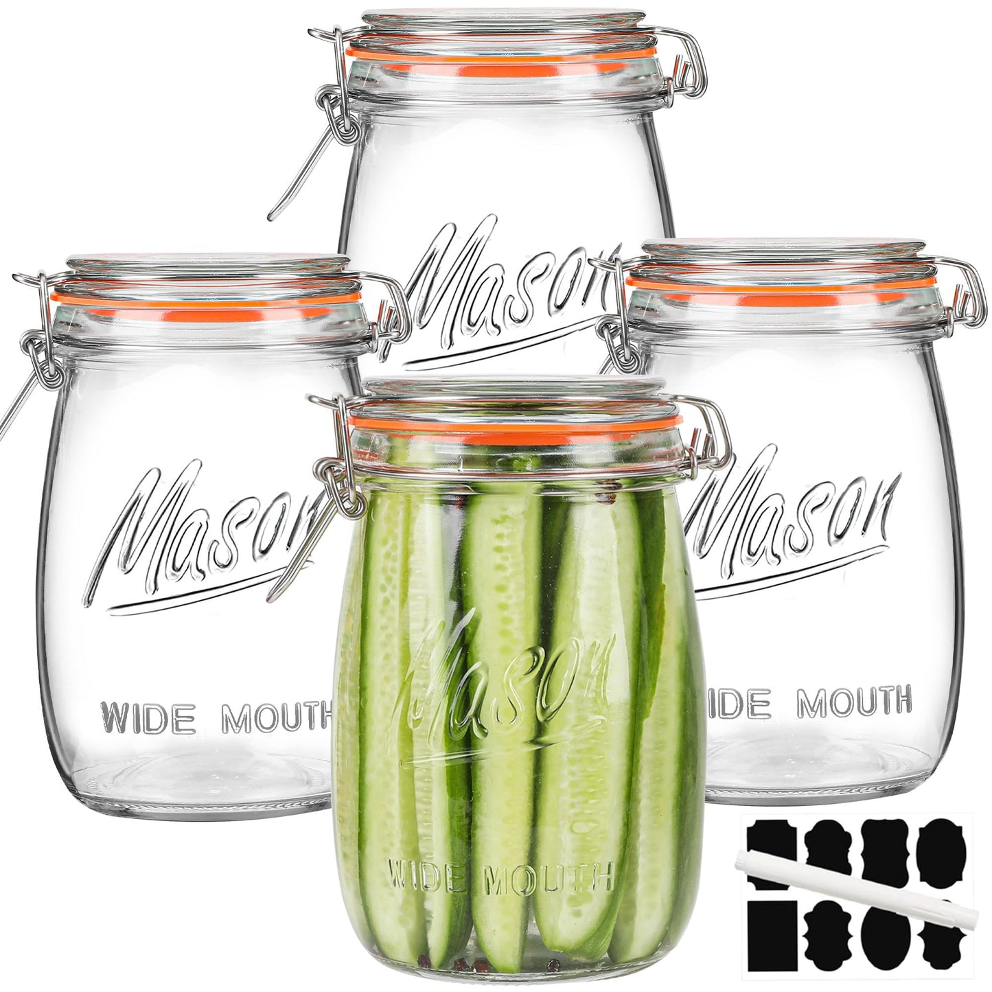 Anwoi Wide Mouth Mason Jars with Airtight Lid 32 oz 4 Pack - Large Mason Jars For Flour and Sugar With Scale Mark Food Storage Canning Jars for Pickling Flour Sugar Pasta Oats Cereal