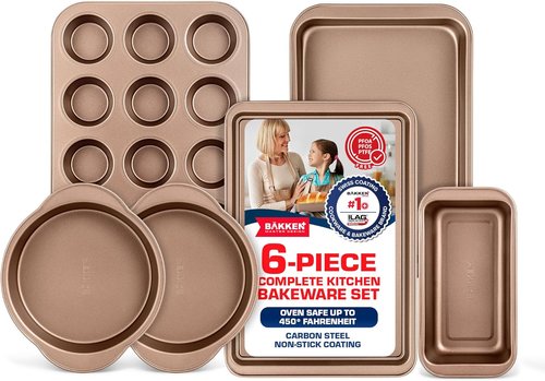 BAKKEN 6-Piece Baking Pan Set | Commercial Grade Carbon Steel, Nonstick & Space-Saving Design, Oven Safe Up To 450°F, Brown