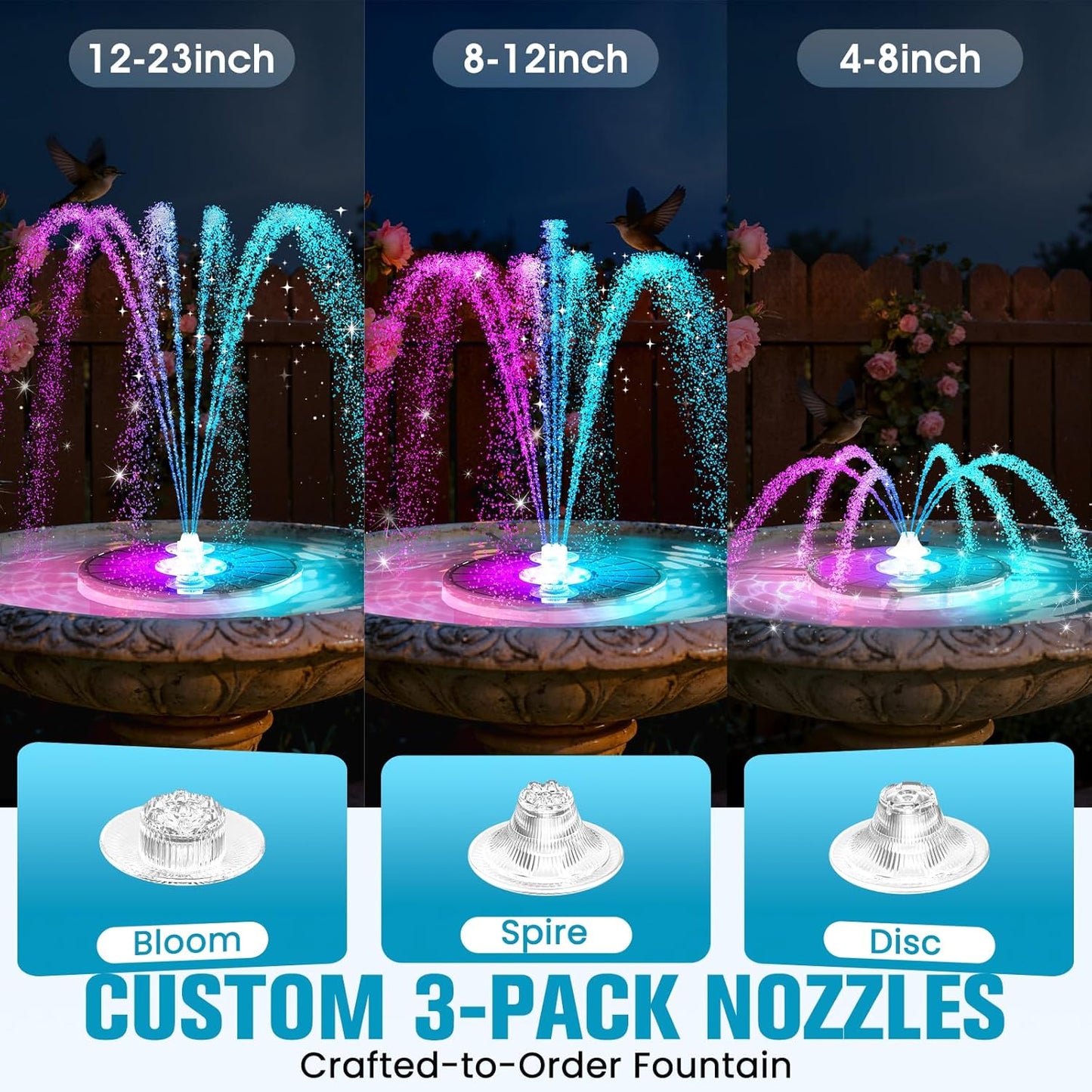 Skiennix 4000mAh Solar Fountain - 3 Spray Solar Powered Bird Bath Pump with Lights for Outdoor Garden