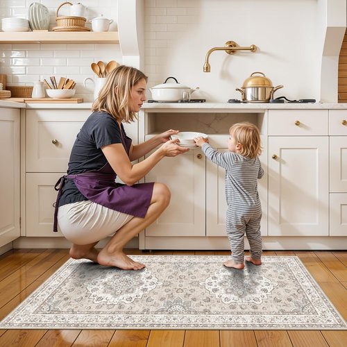 Entryway 2x4 Washable Area Rug - Oriental Stain Resistant Non-Slip Soft Floor Mat | Beige