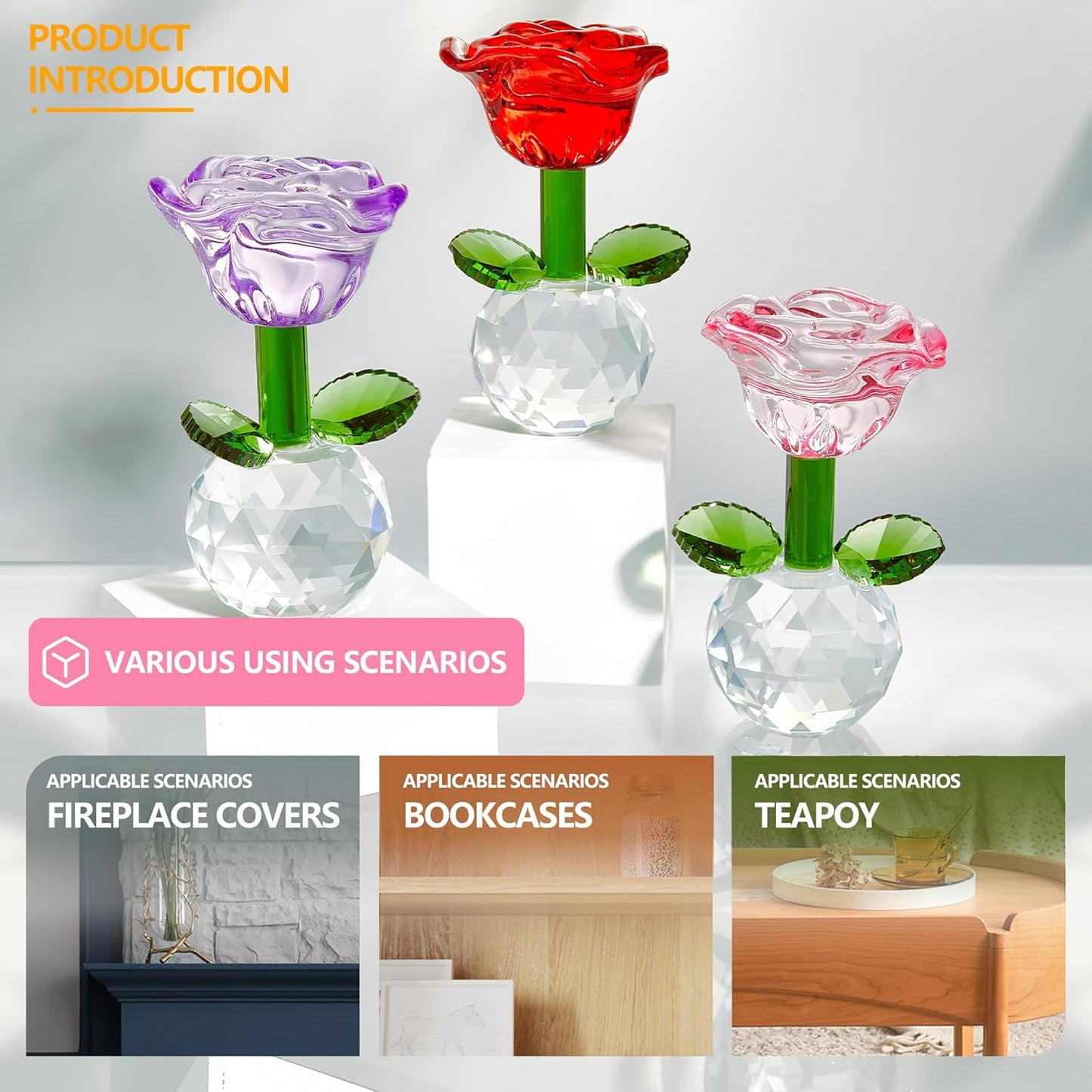 Regine Switzerland Crystal Glass Rose Flowers Figurines - Colorful Blown Glass Decor | Set of 6, 3.5in