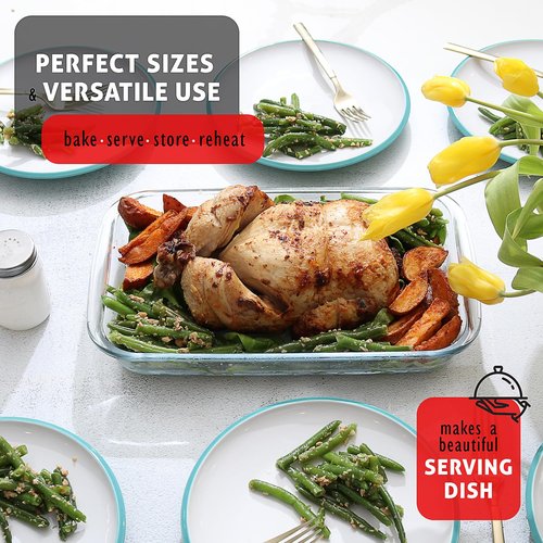 EATEX 8-Piece Deep Glass Casserole Dishes for Oven with Plastic Lids, Glass Baking Dishes for Oven, Rectangular Bakeware for Lasagna, Cooking, Leftovers, Kitchen, Freezer to Oven Dishwasher Safe