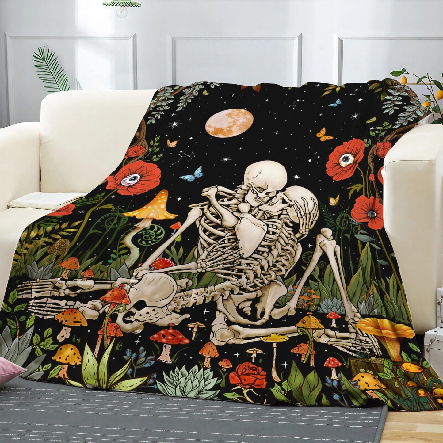 Leeisysme The Kissing Lovers Floral Fleece Throw Blanket, Hippie Skeleton Moon Mushroom Skull Flower Plants Romantic Cozy Decor Nap Blankets for Sofa Bed Couch Chair or Dorm Throws 50×60 inches