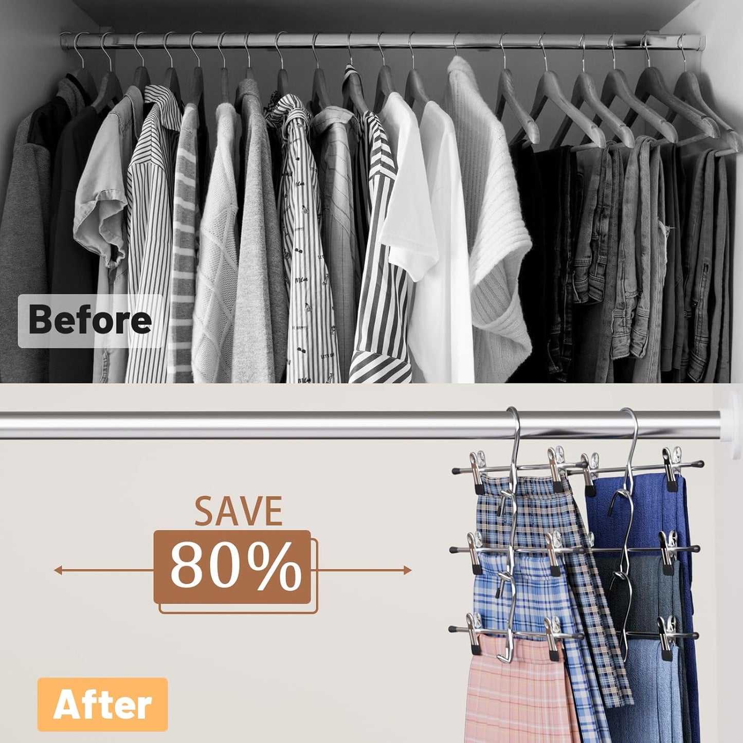 Skiennix Space-Saving Pants Hangers - Stackable Skirt Hangers with Clips | 8 Pack Closet Organizer