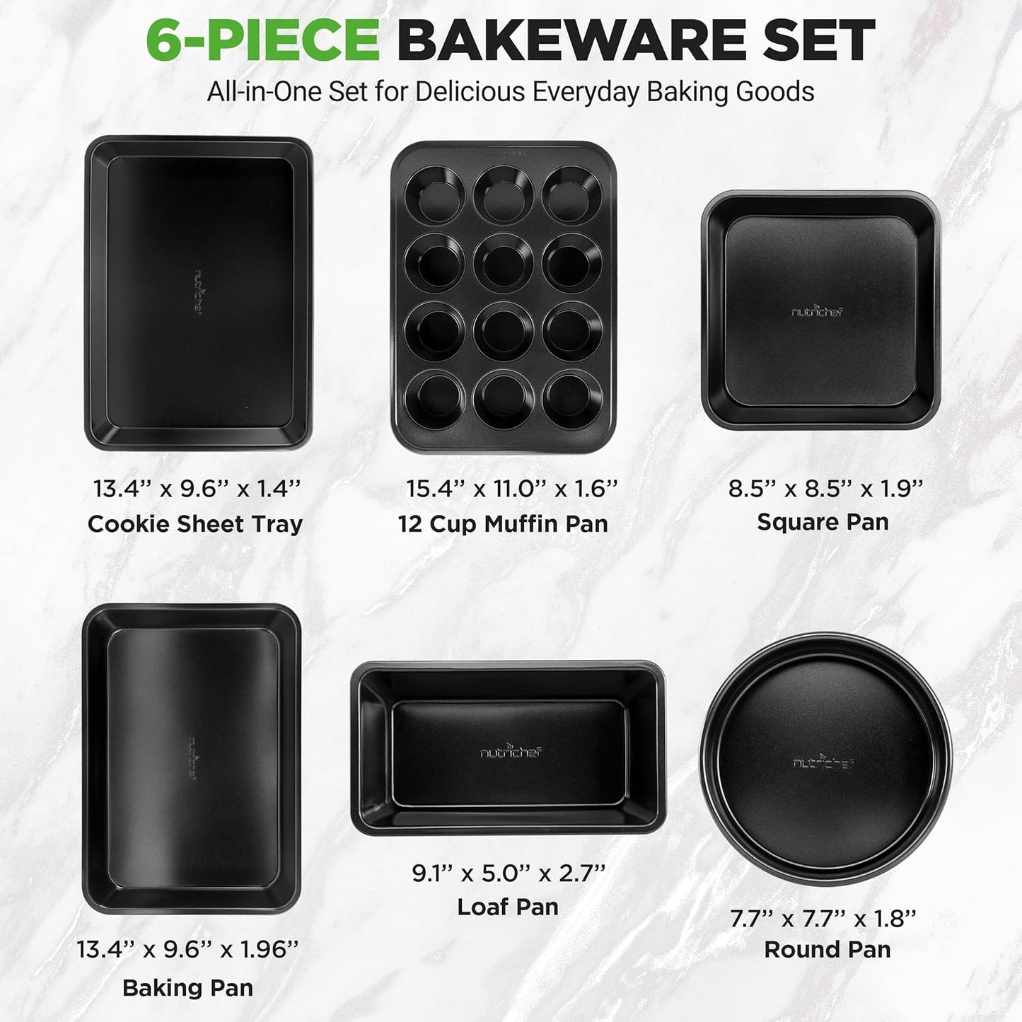 NutriChef Non-Stick Baking Pan Set - Stackable Carbon Steel Bakeware with Cookie Sheet, Muffin & Loaf Pan, Easy Release & Dishwasher Safe