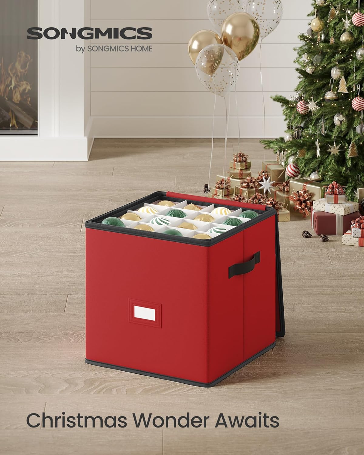 SONGMICS Christmas Ornament Storage Box - Stackable Dual Zipper Container with 64 Slots | Cherry Red, 600D Oxford