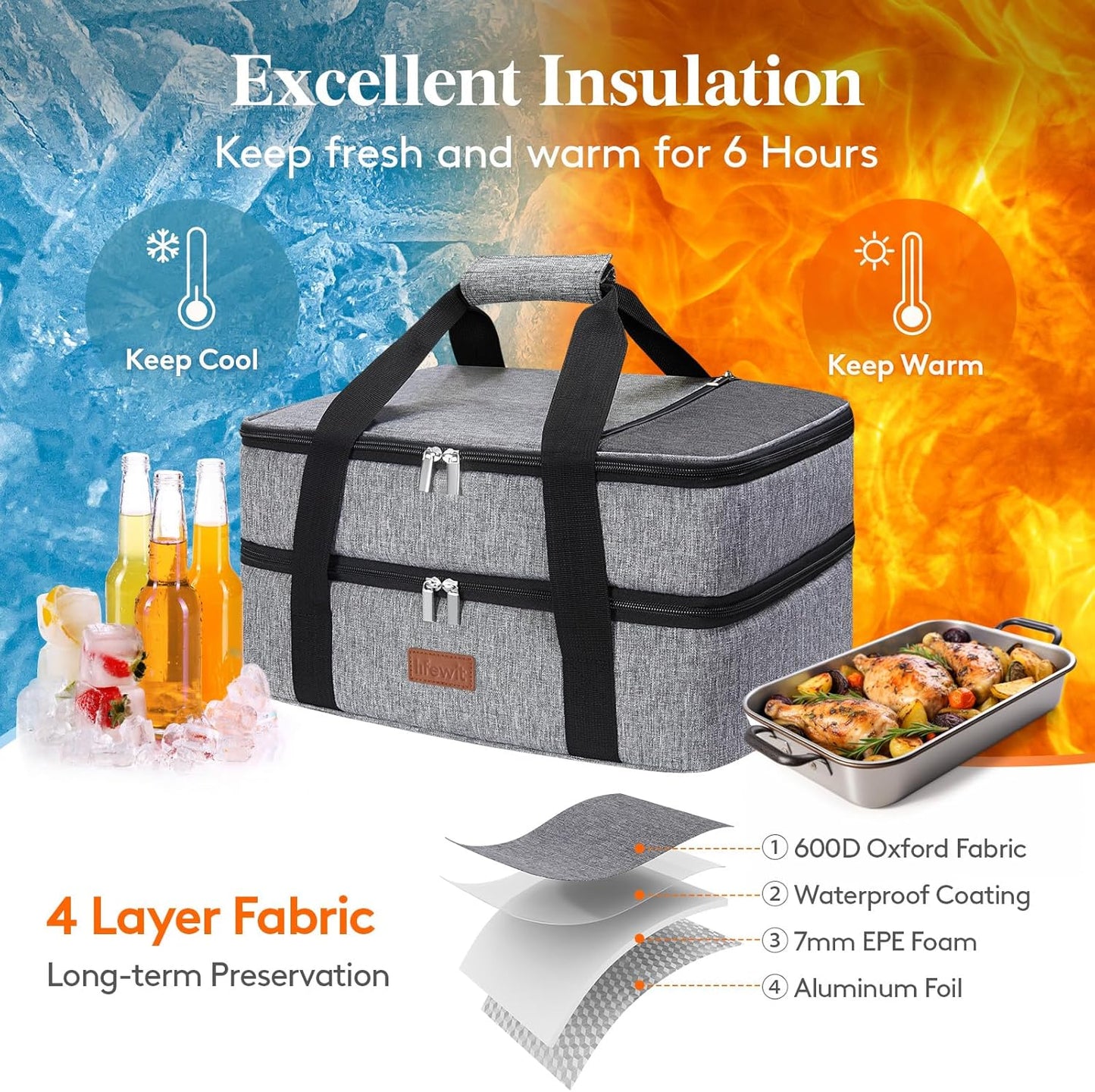 Lifewit Insulated Casserole Carrier - Double Decker Design for Hot or Cold Food | Fits 9"x13" Dish, Grey