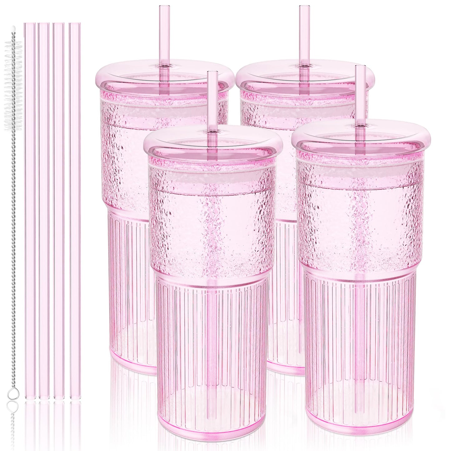 Luiaiog 20oz Glass Cups with Lids and Straws - Set of 4 Reusable Tumblers, Thickened Shatter-Resistant Glass, Ideal for Iced Coffee, Smoothies, Cocktails, Juices - Elegant & Durable Drinkware (Pink)