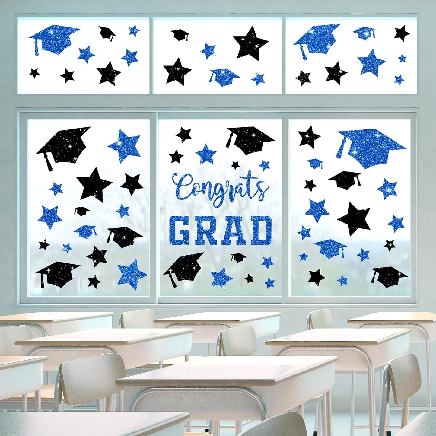 Whaline Glitter Graduation Window Clings - Reusable Blue & Black Decor for Home & School Celebrations