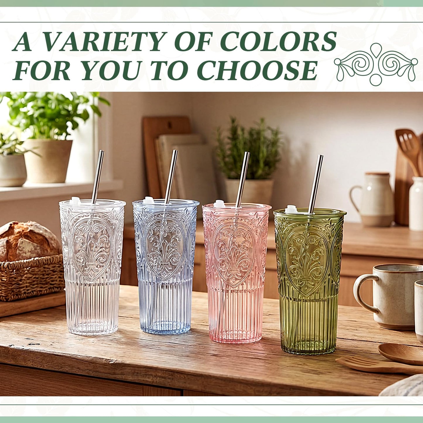 Acellegic 8 Set 20oz Vintage Plastic Tumbler with Lids and Straws Ribbed Floral Drinking Glasses Reusable Iced Coffee Cups for Water Juice Smoothie Cocktail Travel Party Events Gift (Clear)