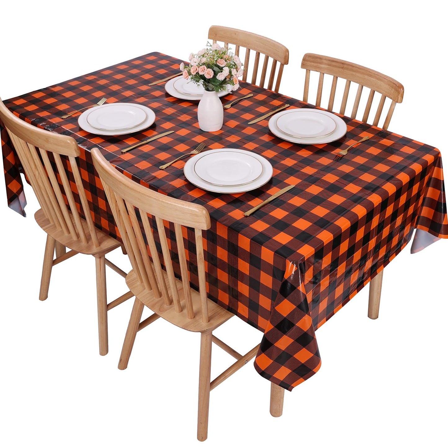 Kesfey 3 Packs Fall Orange Buffalo Check Plaid Tablecloth 54 x 108 Inches Waterproof Autumn Thanksgiving Gingham Table Cloth Disposable Orange and Black Plastic Checkered Picnic Tablecover for Camping