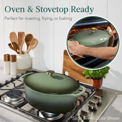 Best Choice Products Oval 7.5 Quart Enamel Cast-Iron Dutch Oven - Heavy-Duty Pre-Seasoned Cooking with Side Handles | Deep Olive Green