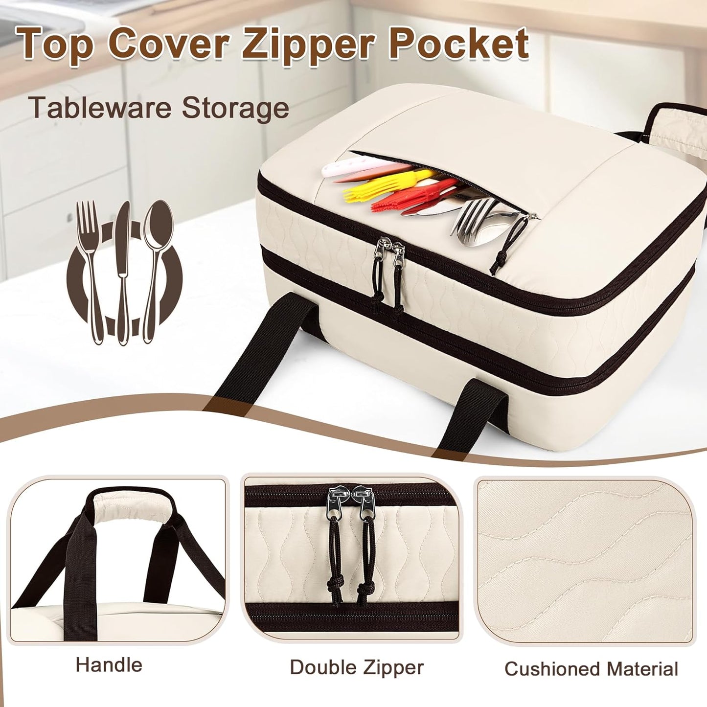 Trunab Insulated Casserole Carrier - Double Thermal Food Containers for 9x13 Inch Dishes | Beige