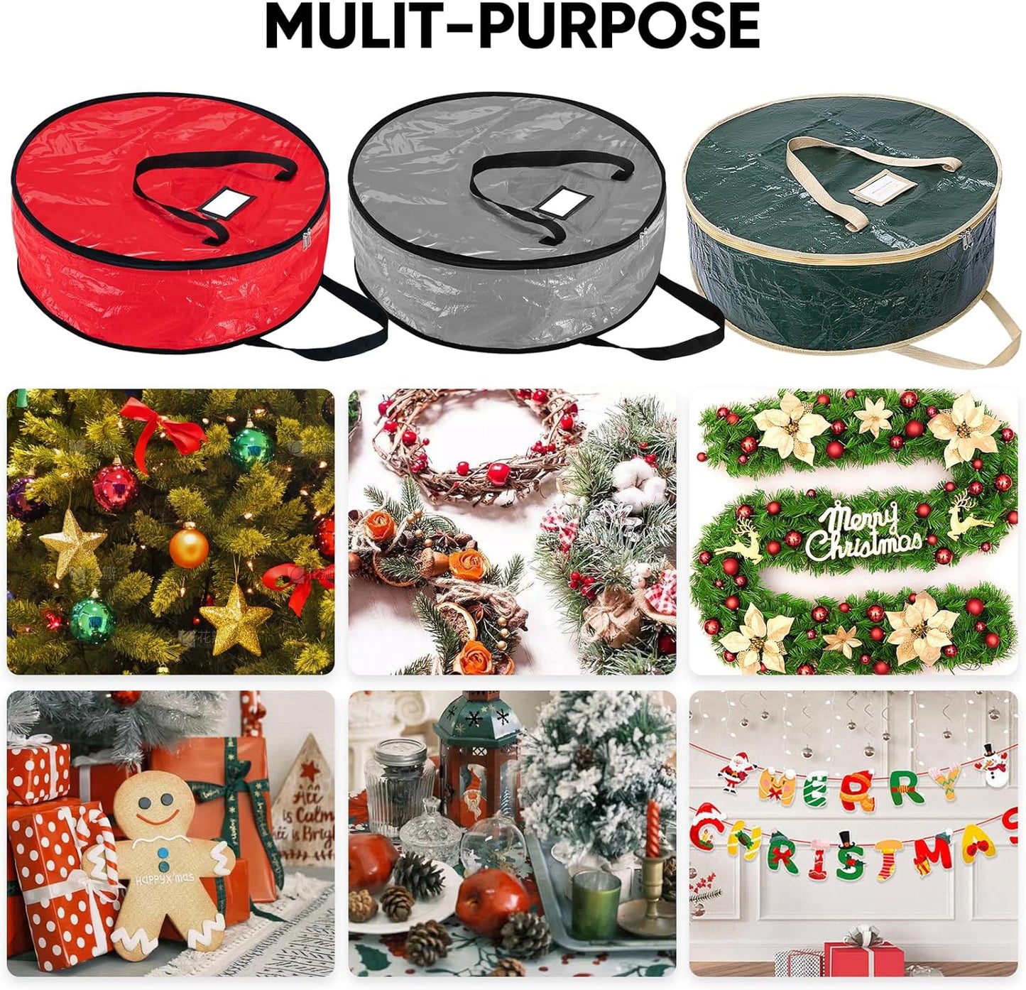 BALEINE Wreath Storage Bags - 2 Pack Tear-Resistant Holiday Wreath Containers (Green, 24"x8")