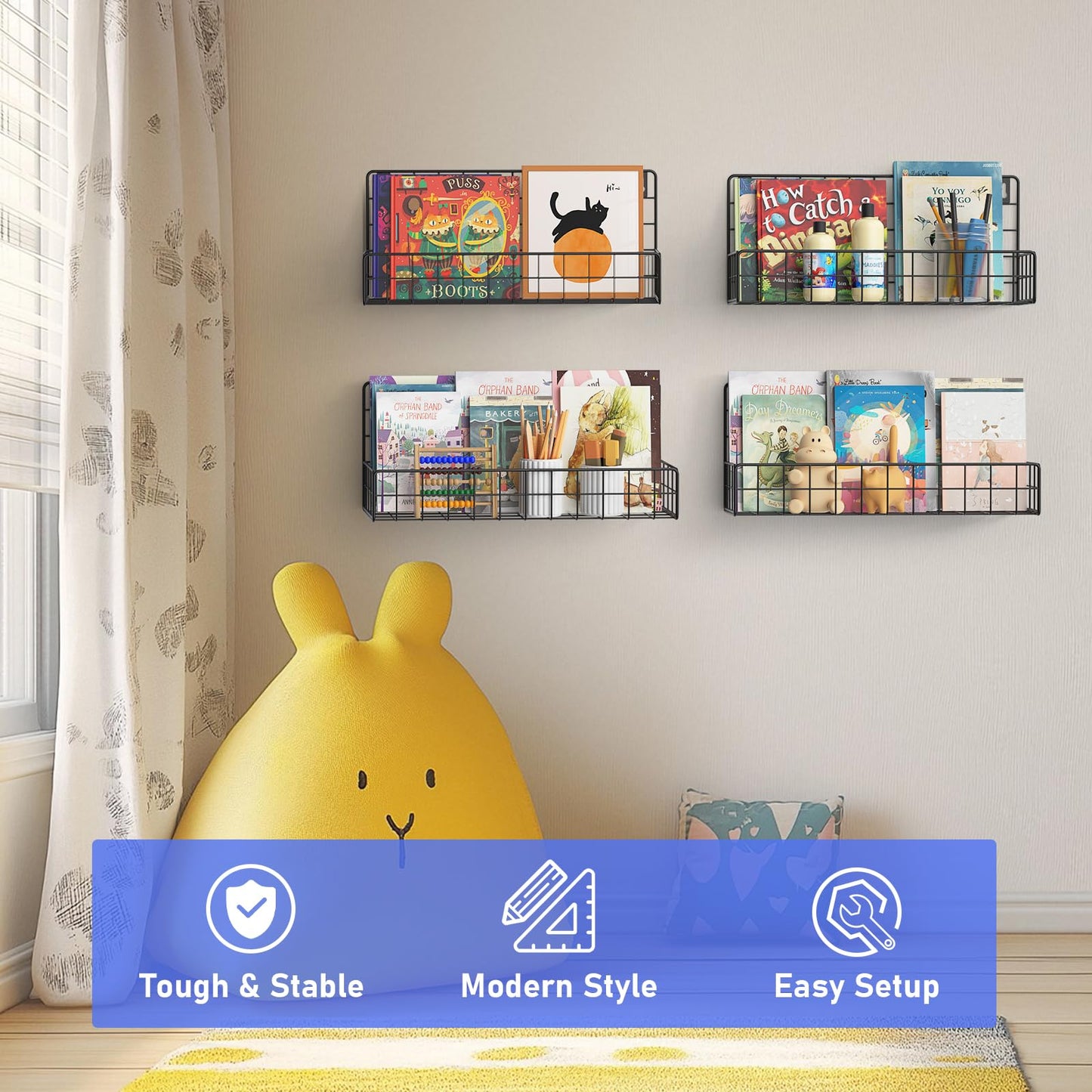 MFTEK Wall Mounted Metal Kids Bookshelf - Wall Book Shelf for Kids Rooms, Hanging Book Shelves Organizer for Room Decor, Nursery Classroom Home Floating Bookshelves Black 4 Pack