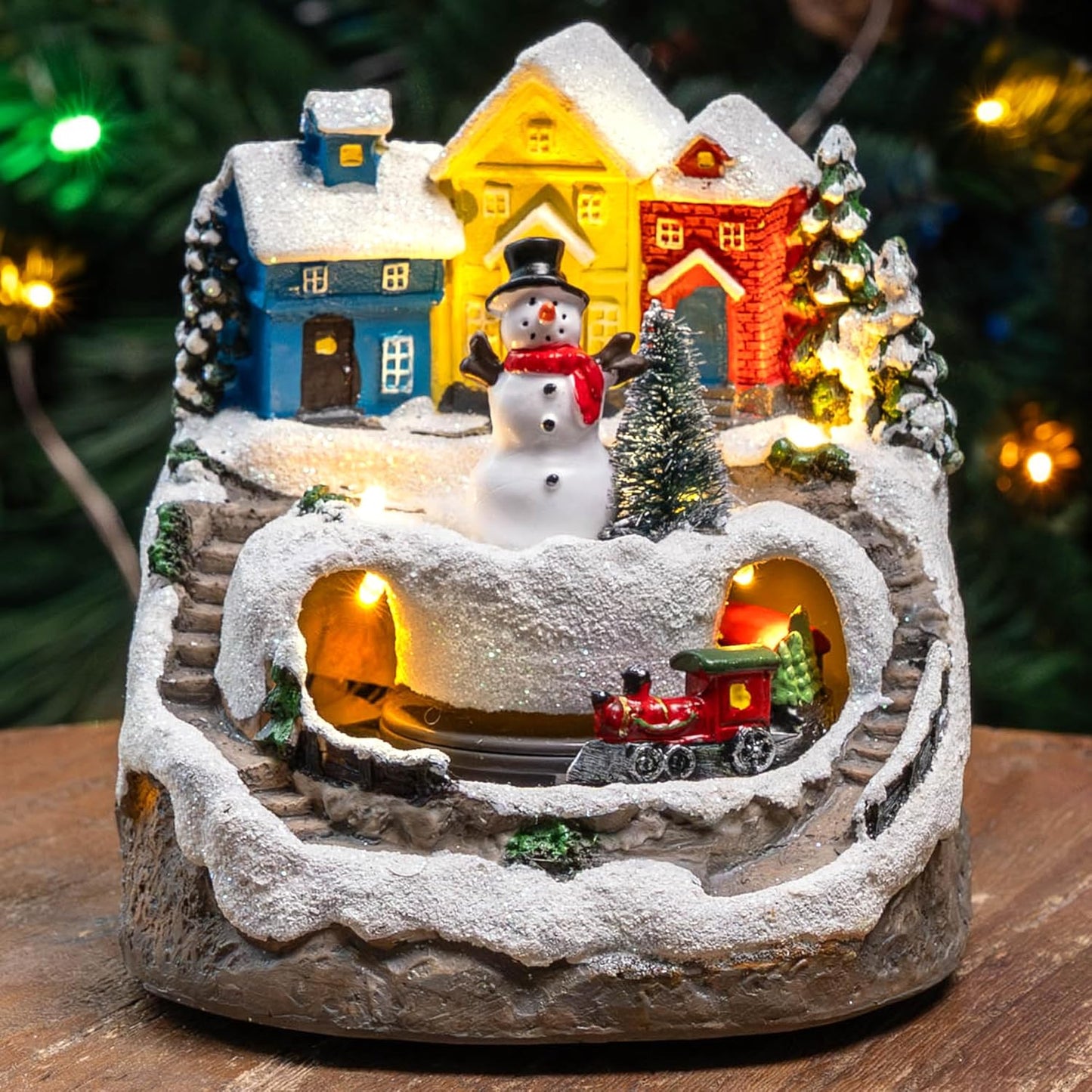 MXwcy Christmas Village House - Moving Train & Music, LED Lighted Snowman Figurine | Holiday Decor Collectible