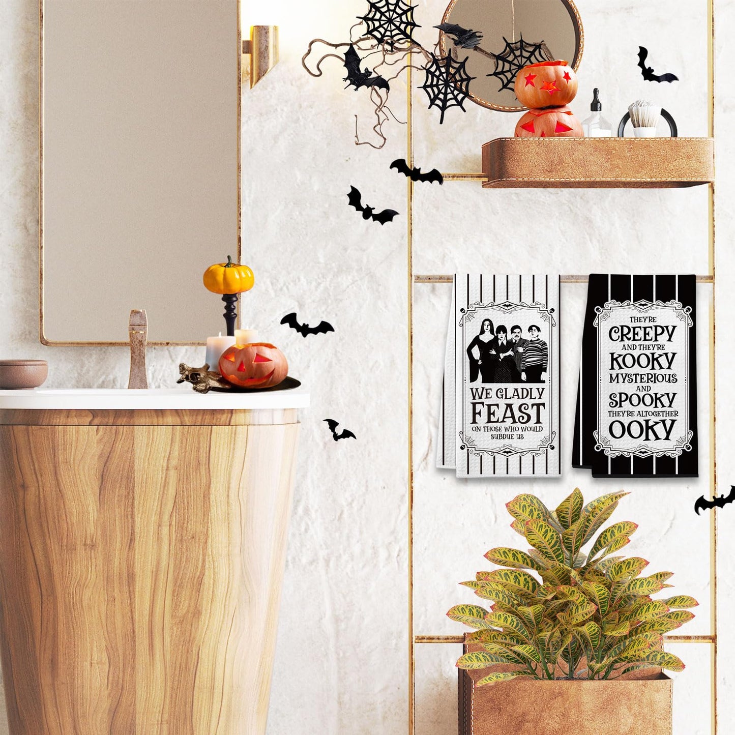 Cheroloven Halloween Kitchen Towels, Funny Addams Family Hand Towels, 2 Pack Gothic Dish Towels， Spooky Home Bathroom Decor Party Favors, Addams Family Merch Gifts for Women Men