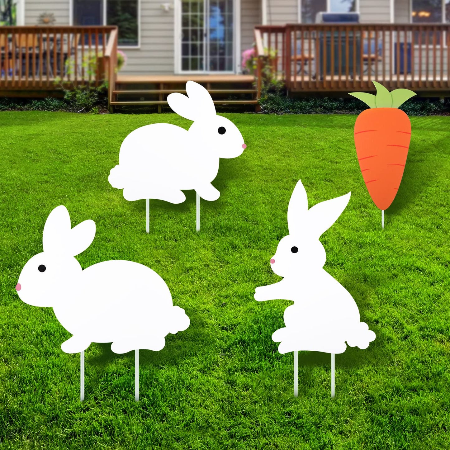 Yookeer 4 Pcs Easter Bunny Yard Signs Decorations Double Sided Bunny Carrot Lawn Sign Outdoor Rabbit Yard Signs with Stakes for Easter Hunt Game Party Supplies Pathway Walkway Decor