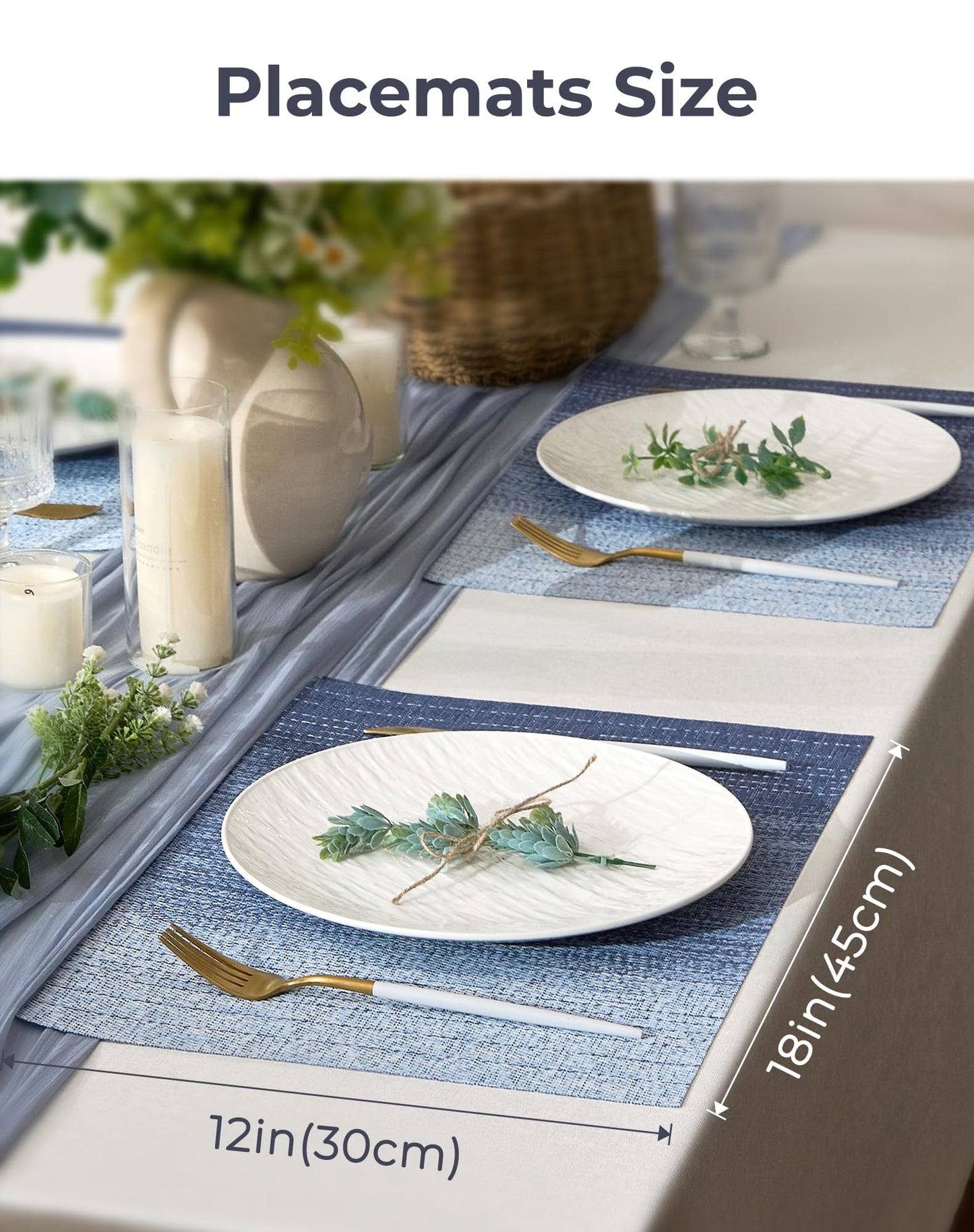 Leetaltree Gradient Blue Woven Placemats Set of 12 - Heat Resistant Non-Slip Place mats for Dining Table, Washable Durable PVC Vinyl Woven Table Mats(Gradient Blue, 12)