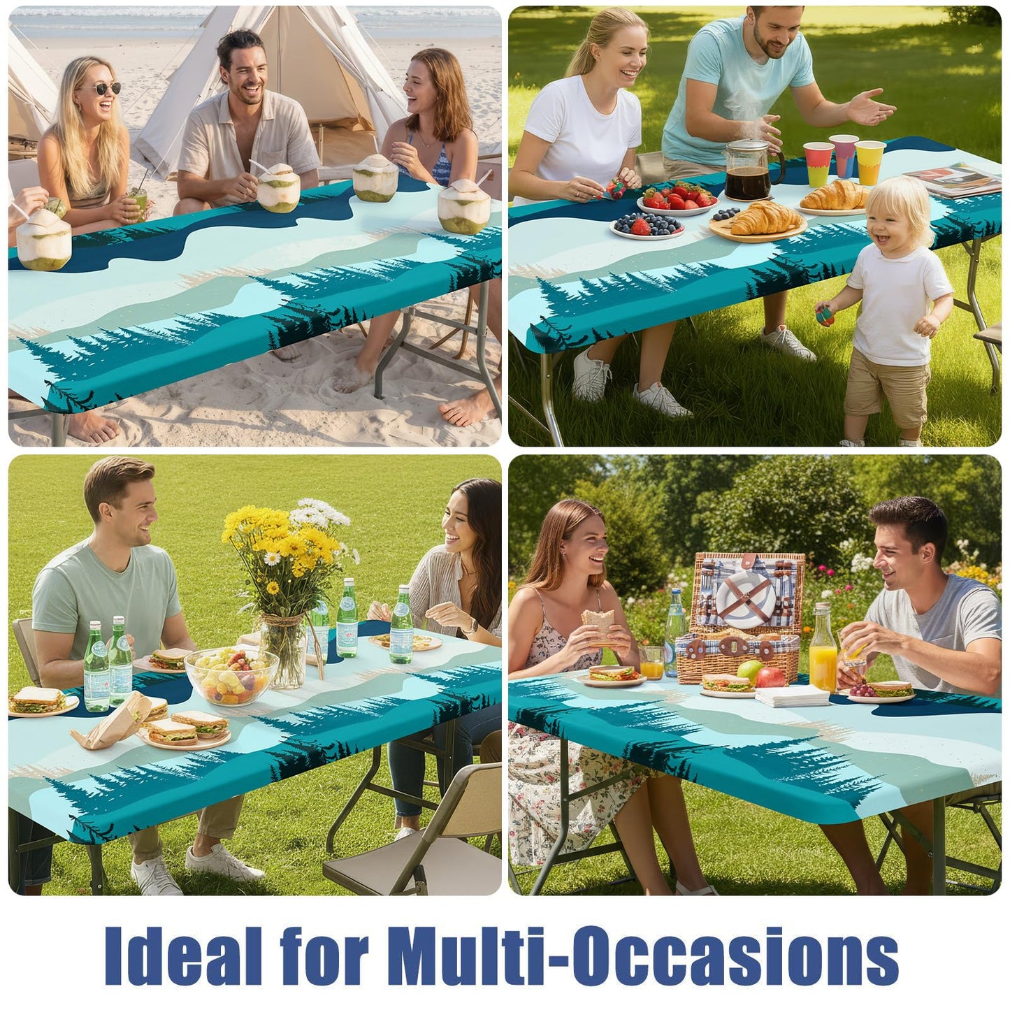 Moosfor Rectangle Fitted Table Cloth, Waterproof Spandex Elastic Tablecloths, Fits for 6 Foot Folding Tables, Stretch Washable Table Cover for Picnic, Camping, Outdoor (Forest, 30"x72")