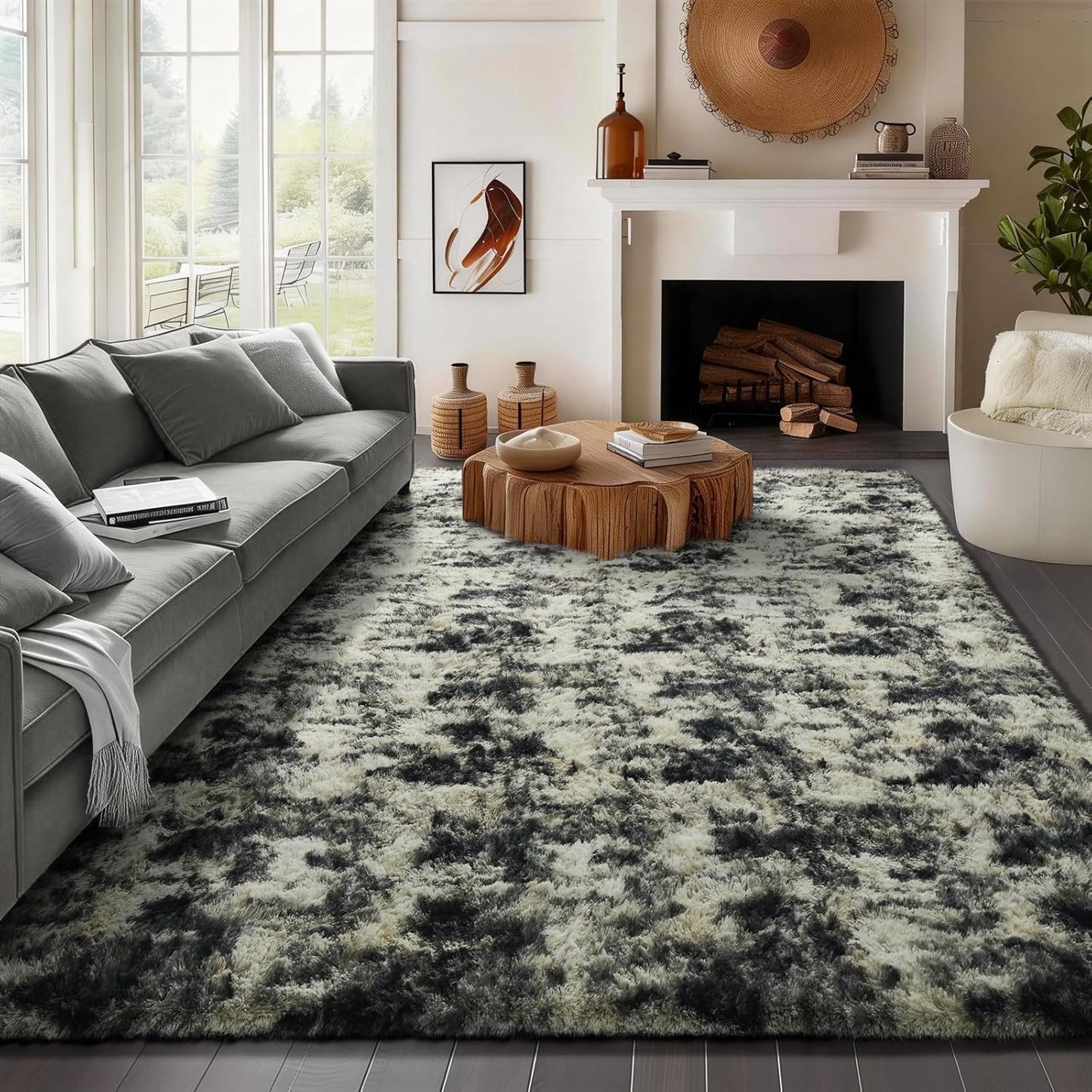 Ophanie Area Rugs - Black, Gold & Grey Fluffy Shag Carpet for Living Room | 8x10 Soft Plush Design