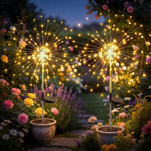 Fairdeer Solar Firework Lights Outdoor 2 Pack, 120LED Starburst Garden Lights Solar Powered with 8 Lighting Modes, Waterproof Decorative Lights for Flower Beds, Walkways, Small Garden & Patio Decor