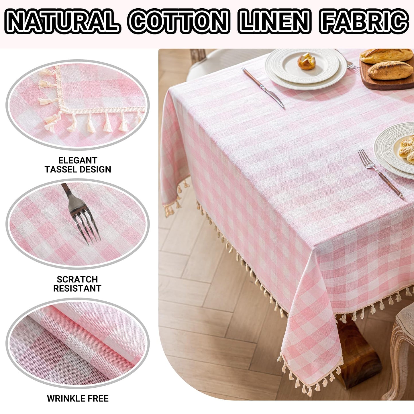 NALVXIN Checkered Tablecloth Rectangle Cotton Linen Gingham Table Cloth with Tassel Washable Wrinkle Free Heavy Duty Buffalo Plaid Table Cover for Dining/Party/Picnic (Pink, 55" x 55" (Square))