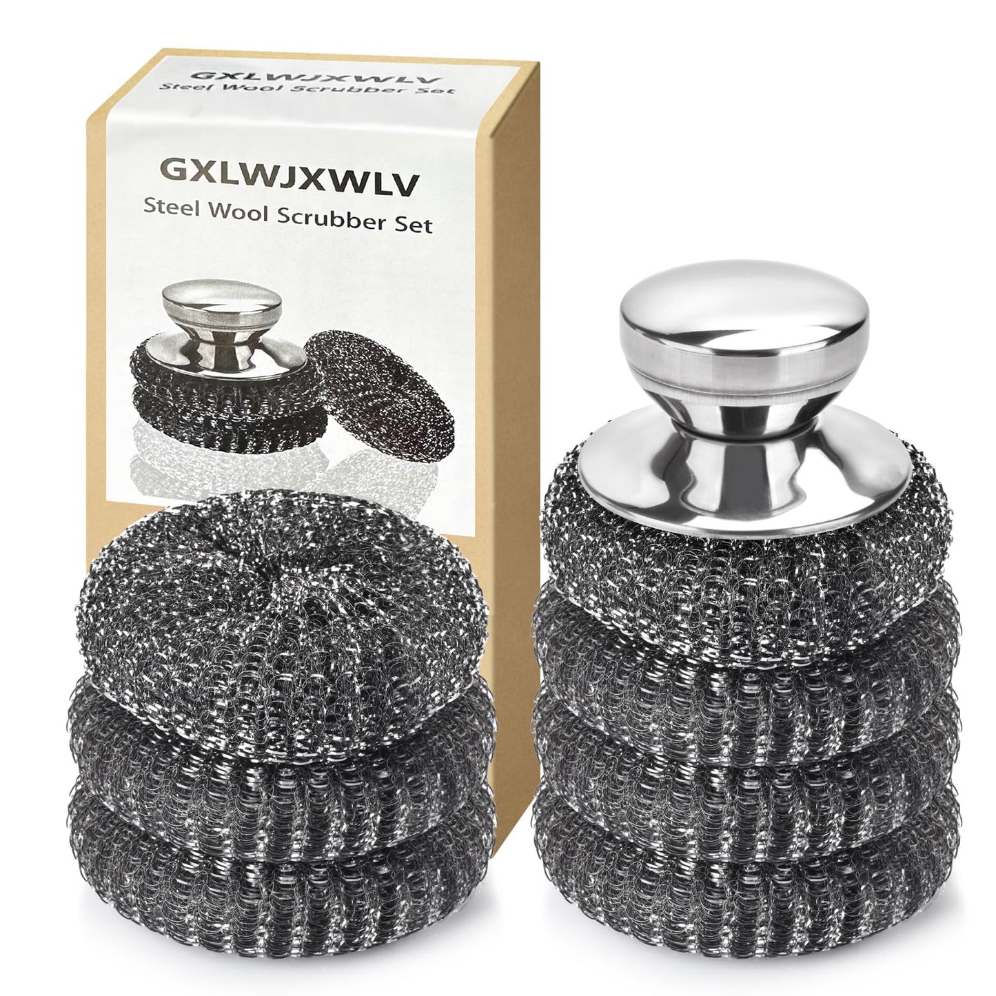 7PCS Steel Wool Scrubber Pads, Stainless Steel Scrubber Set with 1PCS Handle, Metal Scrubbers for Cleaning Kitchen and Household, Dishes, Stoves, Grill, Wash Sink, Pots