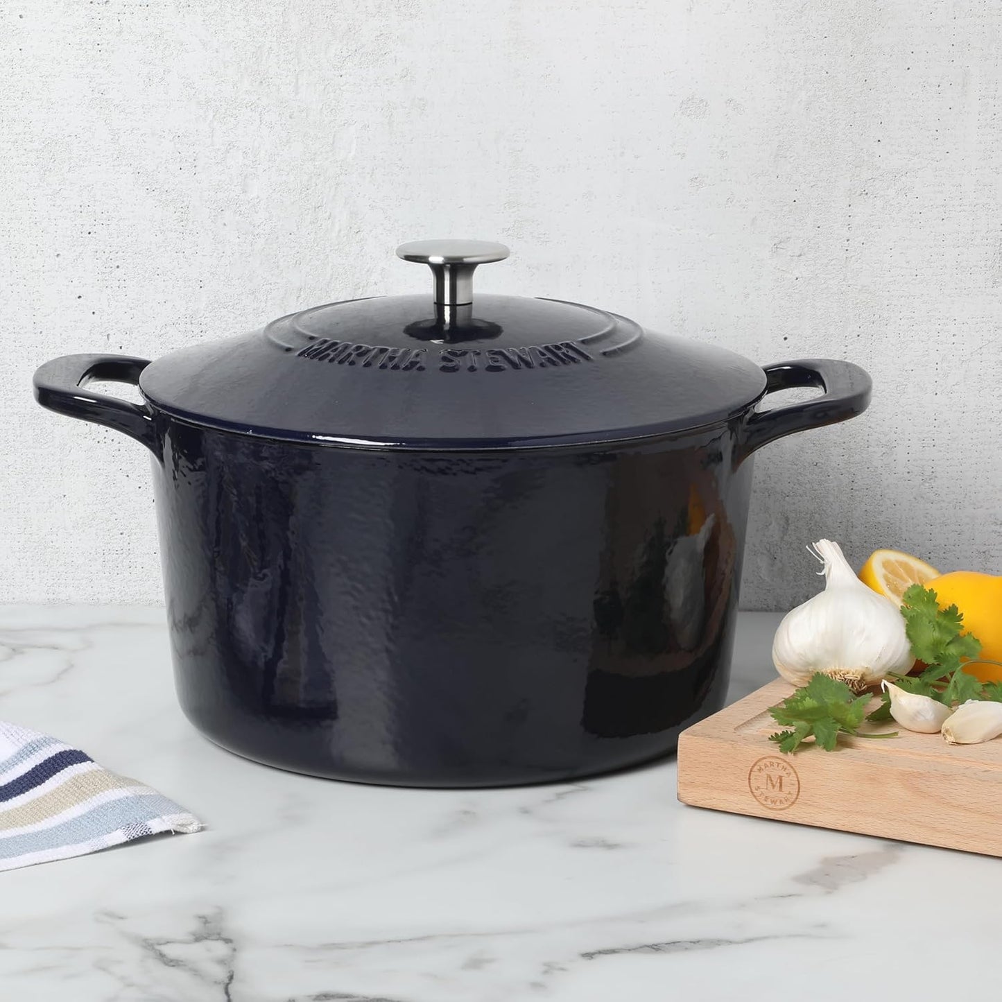 Martha Stewart Gatwick 7 QT Enamel Cast Iron Dutch Oven - Navy Blue, Durable for Slow Cooking & Baking