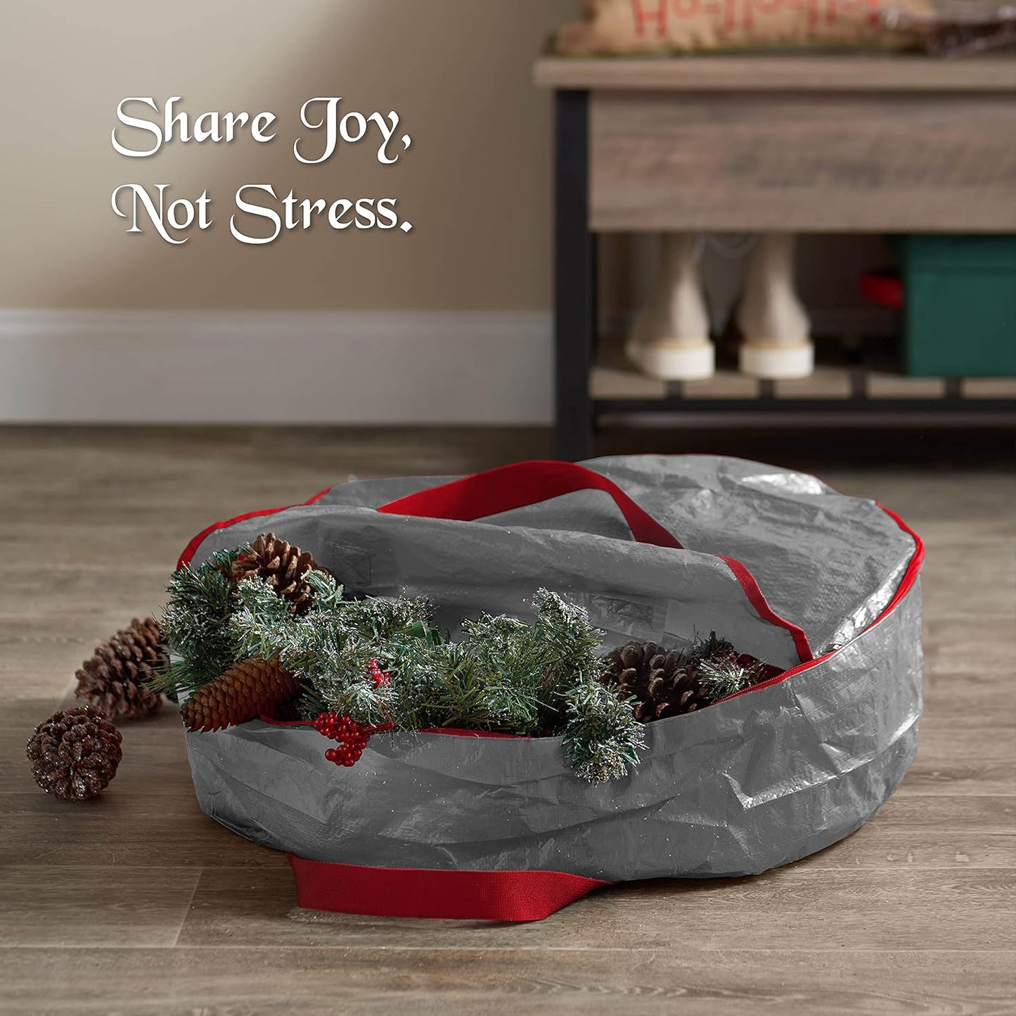 ZOBER Wreath Storage Bag - 30 Inch Durable Container for Artificial Wreaths - Gray with Dual Zippers
