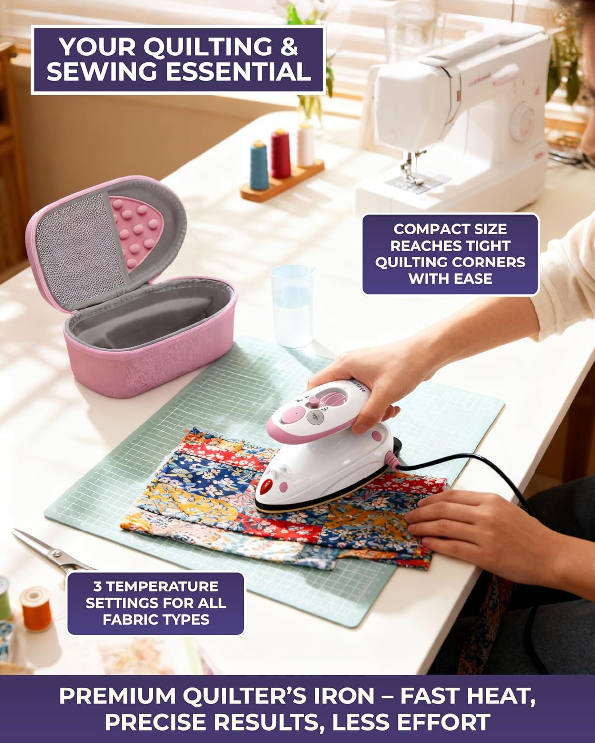 Quilted Bear Mini Steam Iron - Lightweight Travel Iron for Effortless Quilting & Wrinkle-Free Clothes | Pink with Carry Case & Iron Rest Set