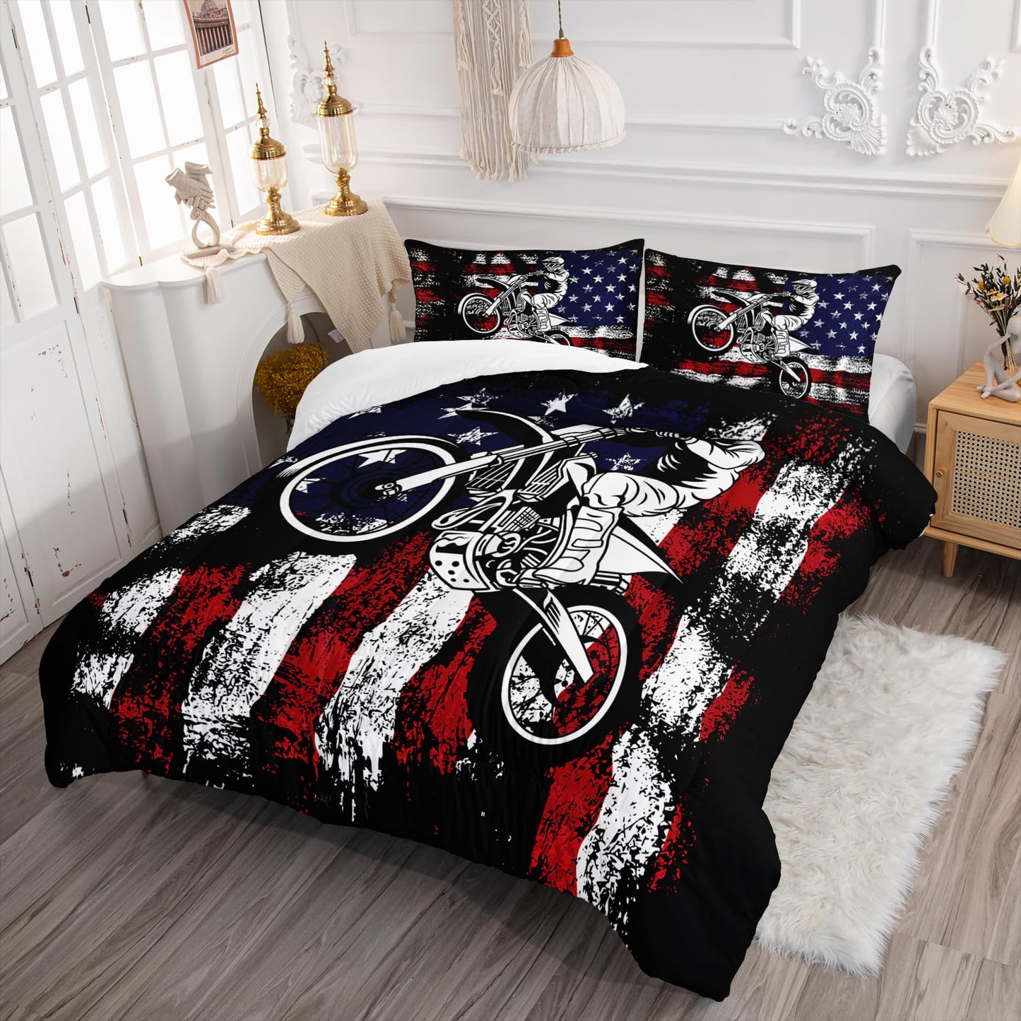 Axolotl Dirt Bike Comforter Set Twin, American Flag Bedding Set, Motocross Comforter,White Red Stripes Stars Bedding, Motorcycle Racer Quilt for Boys Kids Teens Men, 1 Dirt Bike Quilt 2 Pillowcases